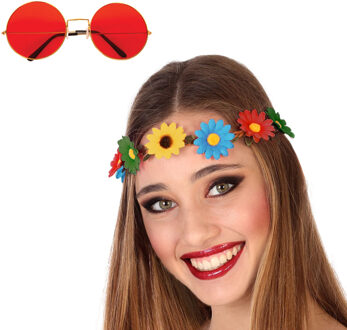 Flower Power verkleed accessoires dames - Bloemen hoofdband - Hippie bril ronde glazen in het rood