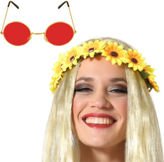 Flower Power verkleed accessoires dames - Bloemen hoofdband - Hippie bril ronde glazen in het rood