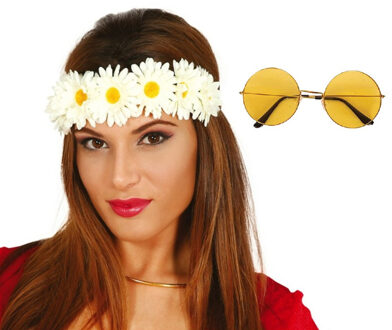 Flower Power verkleed accessoires dames - Bloemen hoofdband - Hippie bril ronde glazen in het rood