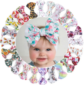 Flower Print Baby Headband with High Elastic Soft White Wide Nylon Band for Bebe Girls Big Bow Knot Toddler Headwrap Accessories