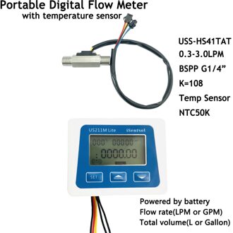 Flowmeter Turbine US211M Lite Digitale Flow Meter USS-HS41TAT 0.3-3LPM 5V Flowreader Met Temperatuur Sensor NTC50K Geïntegreerde display en sensor