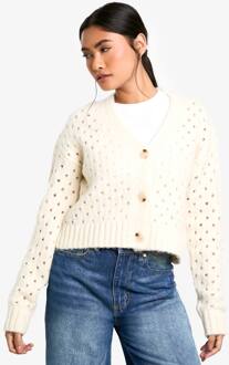 Fluffy Gebreide Cardigan Met Gatdetail, Cream - L