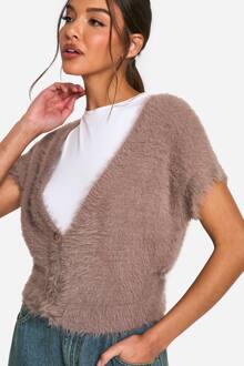 Fluffy Gebreide Top Met Korte Mouwen En Knopen, Chocolate - S