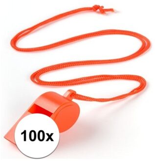 Fluitjes van kunststof - Multipack van 100x stuks - oranje - aan koordje - herrie maken - sport