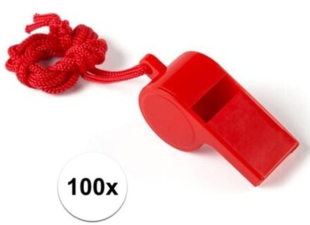 Fluitjes van kunststof - Multipack van 100x stuks - rood - aan koordje - herrie maken - sport