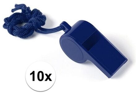 Fluitjes van kunststof - Multipack van 10x stuks - blauw - aan koordje - herrie maken - sport