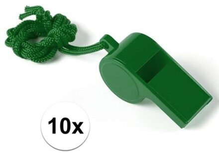 Fluitjes van kunststof - Multipack van 10x stuks - groen - aan koordje - herrie maken - sport