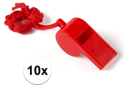 Fluitjes van kunststof - Multipack van 10x stuks - rood - aan koordje - herrie maken - sport
