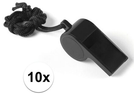 Fluitjes van kunststof - Multipack van 10x stuks - zwart - aan koordje - herrie maken - sport