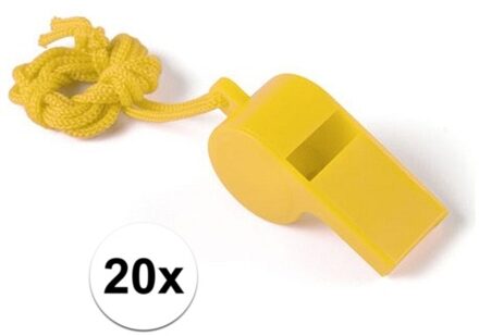 Fluitjes van kunststof - Multipack van 20x stuks - geel - aan koordje - herrie maken - sport