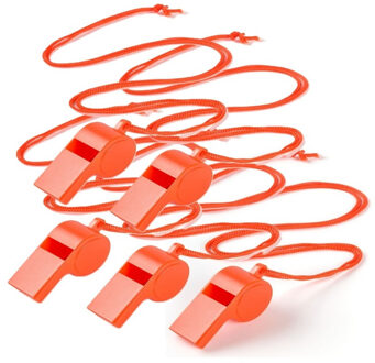 Fluitjes van kunststof - Multipack van 20x stuks - oranje - aan koordje - herrie maken - sport