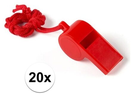 Fluitjes van kunststof - Multipack van 20x stuks - rood - aan koordje - herrie maken - sport