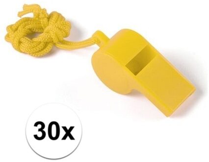 Fluitjes van kunststof - Multipack van 30x stuks - geel - aan koordje - herrie maken - sport