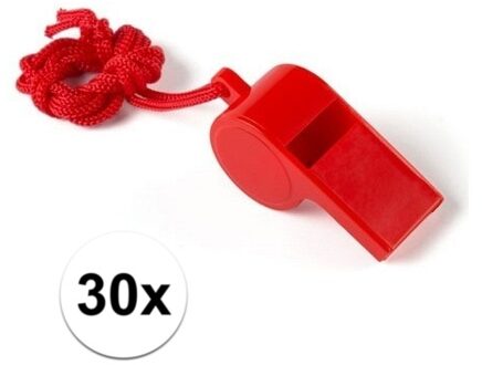 Fluitjes van kunststof - Multipack van 30x stuks - rood - aan koordje - herrie maken - sport