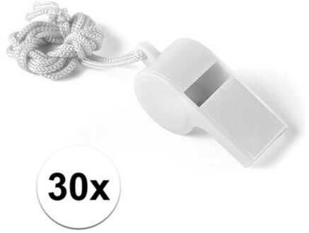 Fluitjes van kunststof - Multipack van 30x stuks - wit - aan koordje - herrie maken - sport