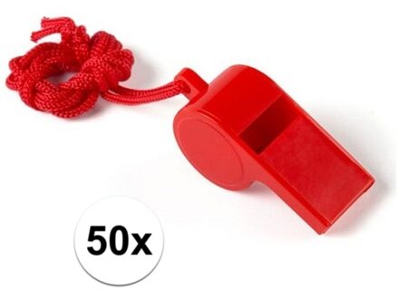 Fluitjes van kunststof - Multipack van 50x stuks - rood - aan koordje - herrie maken - sport