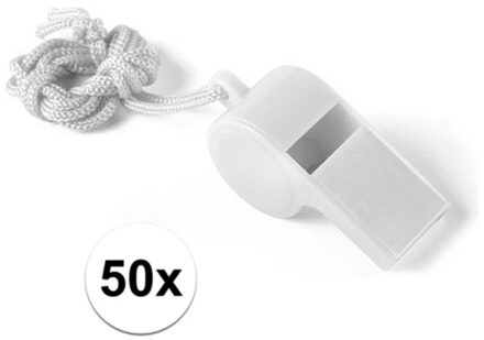 Fluitjes van kunststof - Multipack van 50x stuks - wit - aan koordje - herrie maken - sport