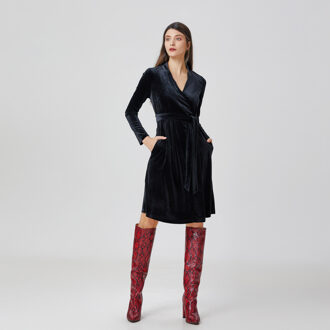 Fluwelen wikkeljurk met V-hals Zwart - XL