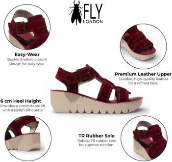 Fly London BAIC621FLY damessandalen met sleehak van suède in bessenrood. Bourgogne - EU 40