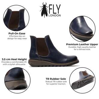 Fly London Dames Blauwe SALV Chelsea Leren Enkel Casual Wedge Heel Laarzen - EU 40.5 / UK 7