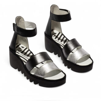 Fly London Dames BONO290FLY Zilver Zwart Idra Leren Sandalen Espadrille Wedges - maat Zwart en zilver