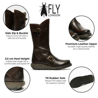 Fly London Dames Bruine MES 2 Wedge Heel Buckle Mid-Calf Leren Zip Platform Laarzen - EU 39/ UK 6