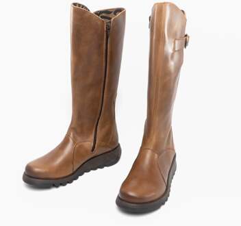 Fly London Dames Camel Brown MOL 2 Leren Wedgesleekte Kniehoge Laarzen met Ritssluiting Bruin