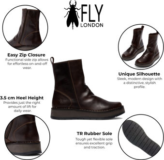 Fly London Dames Donkerbruine RENO053FLY Leren Enkellaarsjes met Rits en Platform Comfort - maat