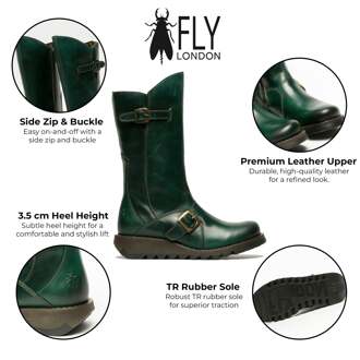 Fly London Dames Groene MES 2 Wedge Heel Buckle Mid-Calf Leren Zip Platform Laarzen Donkergroen - EU 36 / UK 3
