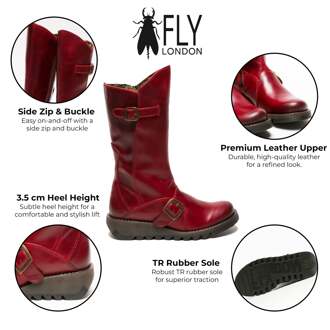 Fly London Dames Rode MES 2 Wedge Heel Buckle Mid-Calf Leren Zip Platform Laarzen Rood