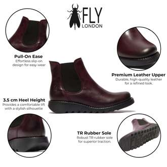 Fly London Dames Rode SALV Chelsea Leren Enkel Casual Wedge Heel Laarzen Wijnrood - EU 37 / UK 4