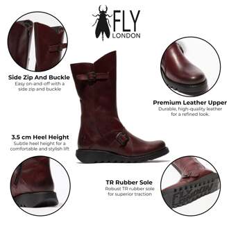 Fly London Dames Wijn MES 2 Wedge Heel Buckle Mid-Calf Leren Zip Platform Laarzen - maat Wijnrood