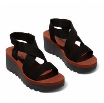 Fly London Dames YABI922FLY Zwarte Baksteen Cupido Leren Sandalen Espadrille Platform Wedges