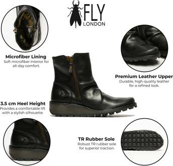 Fly London Dames Zwart MON944 Leren Wedgesleekte Enkellaarsjes Met Ritssluiting Chelsea Laarzen - maat