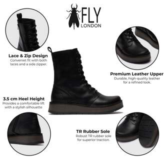 Fly London Dames Zwart RAMI043 Casual Leren Veter Enkellaarsjes