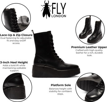 Fly London Dames Zwarte HAIT273 Leren Veterschoenen met Dikke Plateauzool - EU 39/ UK 6