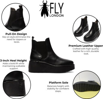 Fly London Dames Zwarte HELY268 Chelsea Leren Enkellaarsjes met Platform Comfort - EU 40.5 / UK 7