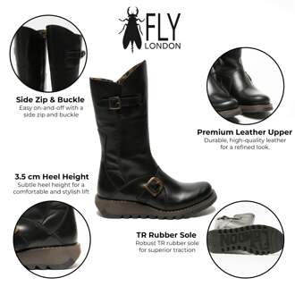 Fly London Dames Zwarte MES 2 Wedge Heel Buckle Mid-Calf Leren Zip Platform Laarzen - maat