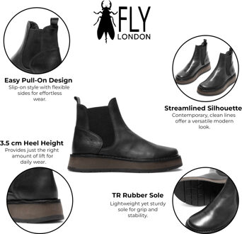 Fly London Dames Zwarte RAWI131 Chelsea Leren Enkellaarsjes met Klassieke Comfort