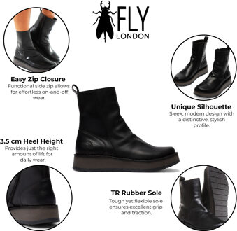Fly London Dames Zwarte RENO053FLY Leren Enkellaarsjes met Rits en Platform Comfort