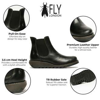 Fly London Dames Zwarte SALV Chelsea Leren Enkel Casual Wedge Heel Laarzen