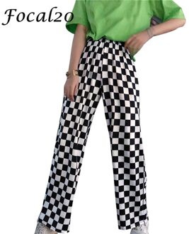 Focal20 Streetwear Plaid Vrouwen Broek Elastische Taille Volledige Lengte Geblokte Zwart-wit Casual Losse Rechte Broek