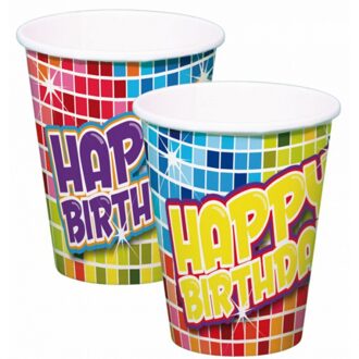 Folat 18x stuks Happy Birthday thema verjaardag bekertjes van papier - Feestbekertjes Multikleur