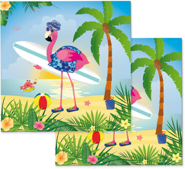 Folat 20x Papieren dieren thema met flamingo op het strand tafel servetten 33 x 33 cm - Feestservetten Groen