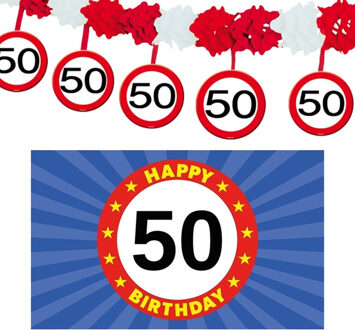 Folat 50 jaar leeftijd verjaardag slinger en vlag 150 x 90 feestversiering pakket