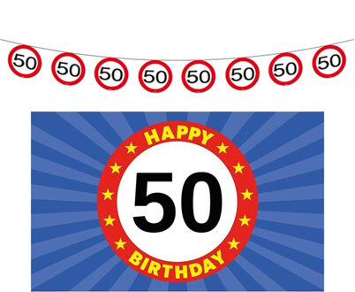 Folat 50 jaar leeftijd verjaardag slinger en vlag 150 x 90 feestversiering pakket