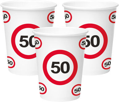 Folat 50 jaar verjaardag print drinkbekers - 8x stuks - karton - 350 ml - Stopbord/verkeersbord thema Multi