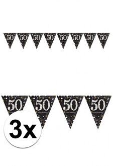 Folat 50 jaar vlaggenlijn verjaardag - 3x - zwart - 4 meter - leeftijd feestartikelen versiering - plastic