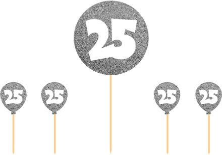 Folat 5x stuks Taart topper 25 jaar getrouwd thema versiering zilver - Cocktailprikkers
