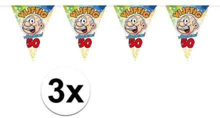 Folat Abraham vlaggenlijn - 3x - 50 jaar - 10 m - vlaggentjes/slingers - feestartikelen Multi